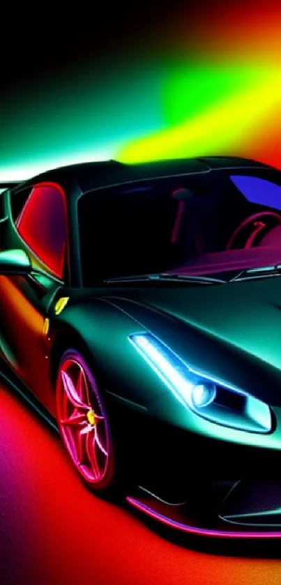 Sleek sports car with vibrant neon lights in a futuristic setting.