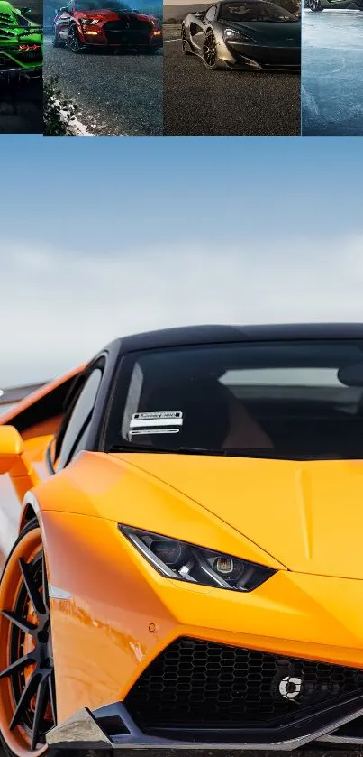 Vibrant orange sports car under blue sky.