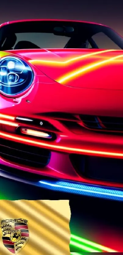 Vibrant red sports car with neon accents and lively colors.