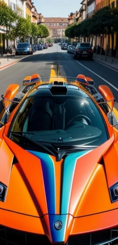 Vibrant orange sports car on city street