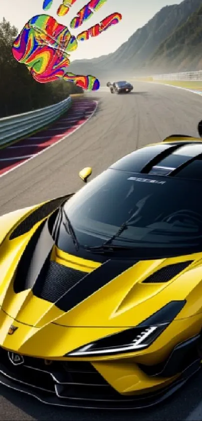 Yellow sports car on track with colorful handprint.