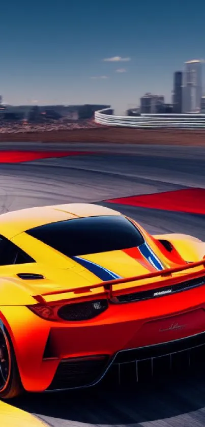 Sleek sports car racing on vibrant track with city skyline in the background.