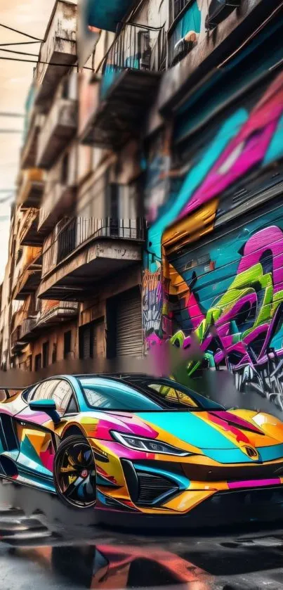 Vibrant sports car against a colorful urban street art backdrop.