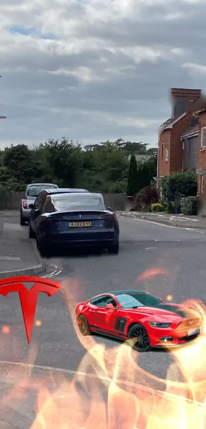 Red sports car and Tesla logo on a street with a fiery effect.