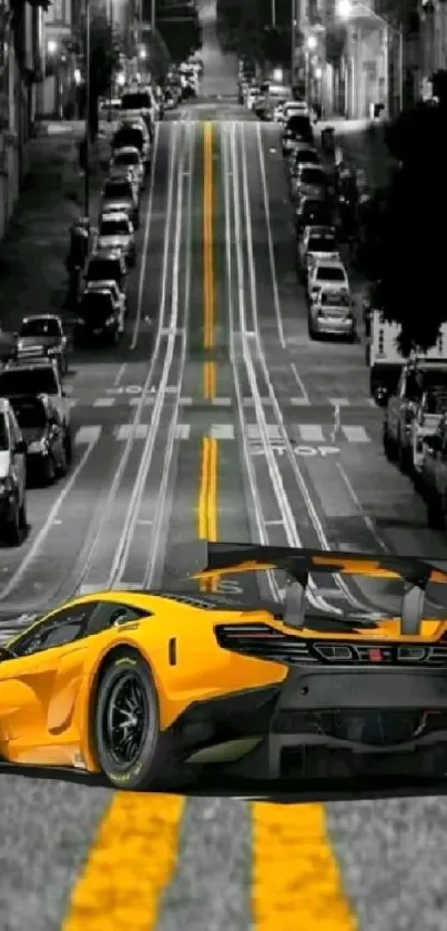 Yellow sports car on city street wallpaper.