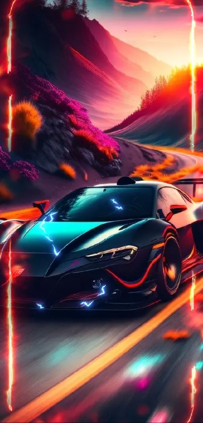 Vibrant sports car racing at sunset in a dynamic scenic wallpaper.