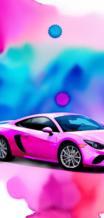 Pink sports car with vibrant watercolor splash background.