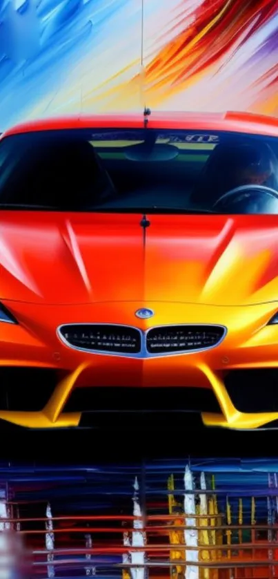 Striking orange-red sports car with dynamic colorful background.