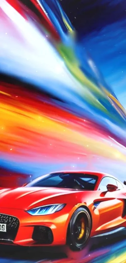 Red sports car with colorful, dynamic speed background.