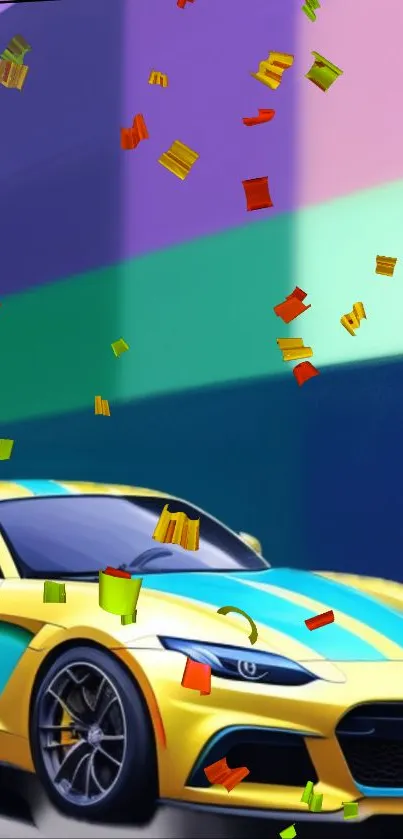 Vibrant sports car with colorful confetti background.