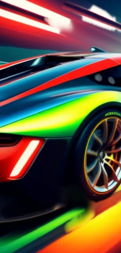 Vibrant sports car with neon colors and sleek design on a mobile wallpaper.