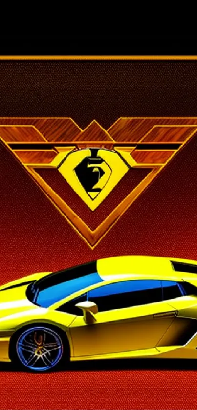 Yellow Lamborghini with geometric emblem on vibrant background.