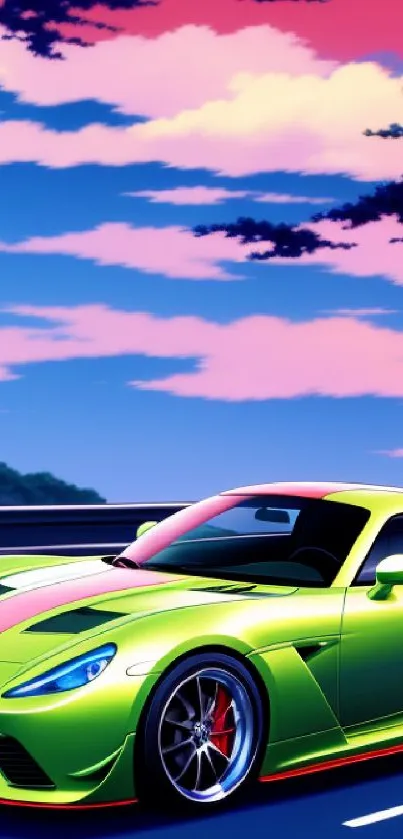 Green sports car under a vibrant sky at dusk.