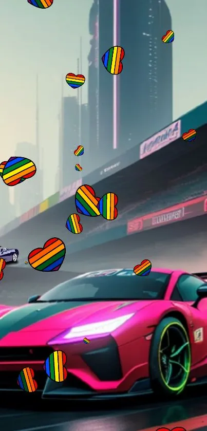 Vibrant sports car with heart motifs in a futuristic city background.