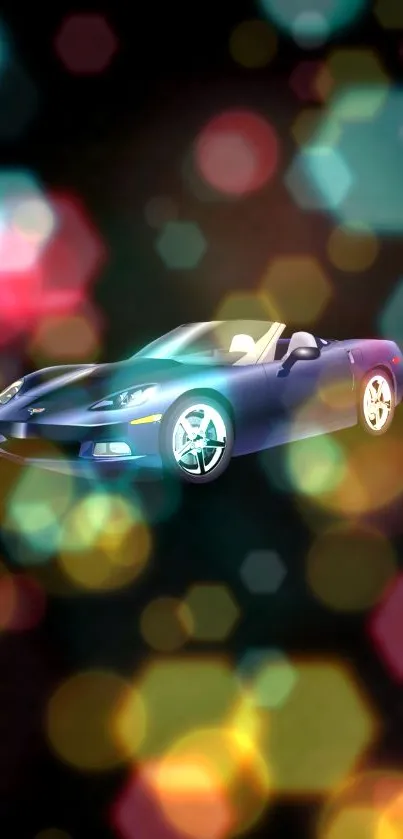 Convertible sports car with colorful bokeh lighting.