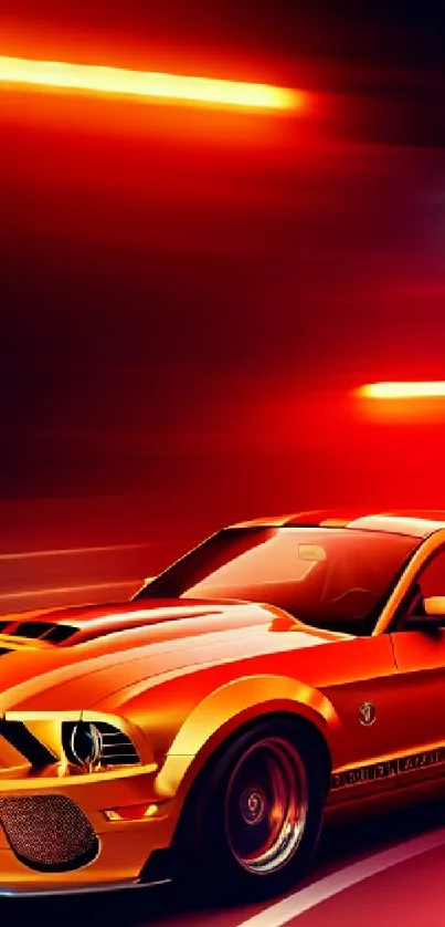 Vibrant orange sports car in neon lights.