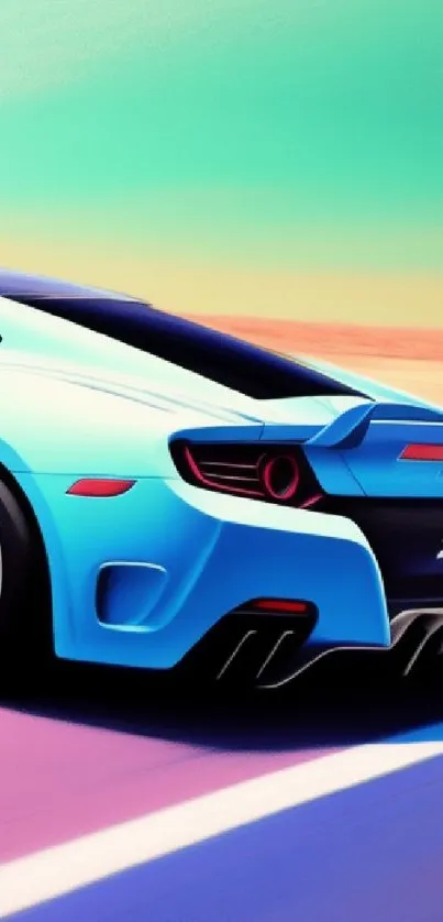 Vibrant blue sports car with dynamic background in motion blur effect.