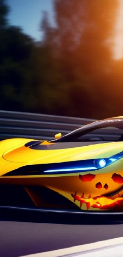 Yellow sports car with sleek, fiery design in dynamic motion.