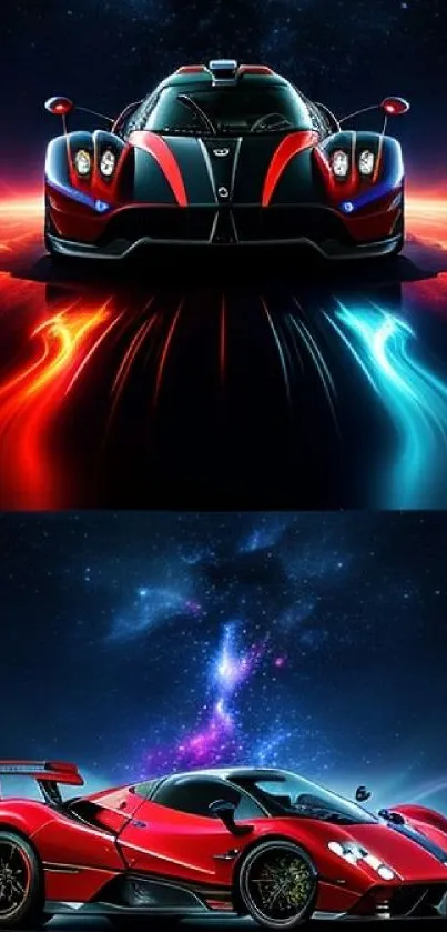 Red sports car with galaxy background