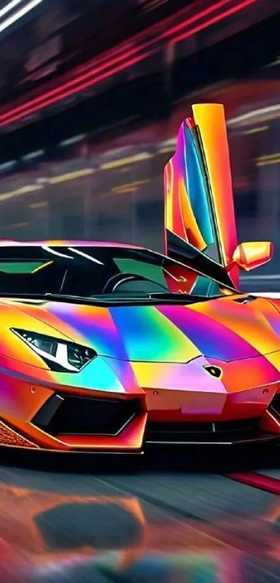 Vibrant sports car with neon colors and sleek design on a dynamic background.