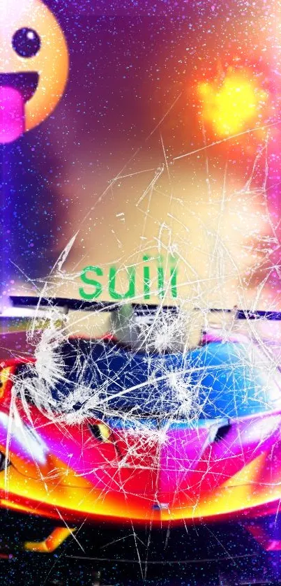 Colorful sports car with cracked glass effect and emoji on phone wallpaper.