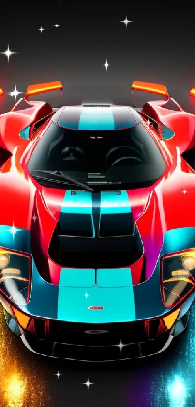 Vibrant red sports car with neon lights wallpaper.