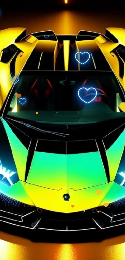 Vibrant sports car with neon highlights and heart accents.