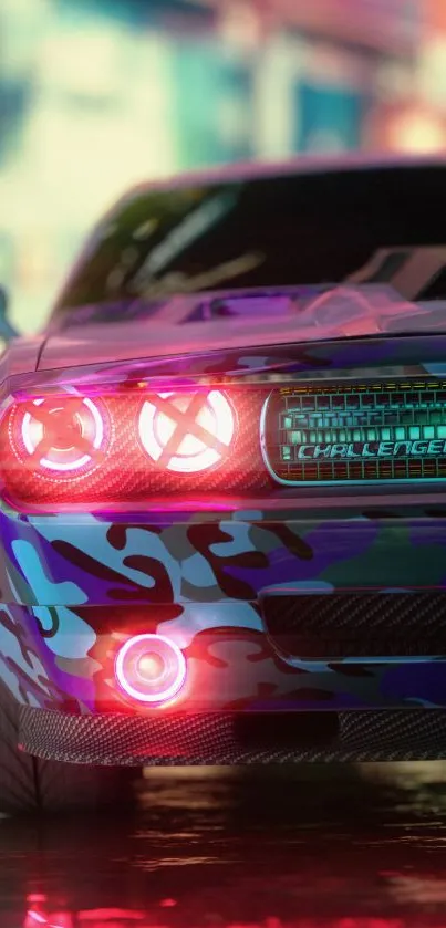 Vibrant sports car with neon pink lights on an urban background.