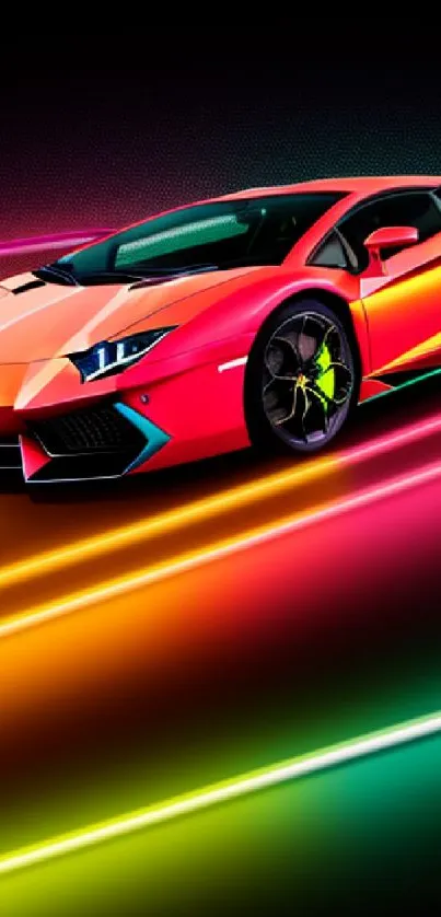 Vibrant sports car with neon lights in motion.