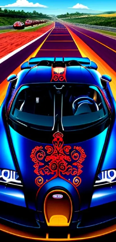 Vibrant blue sports car racing on a dynamic track with bold colors.