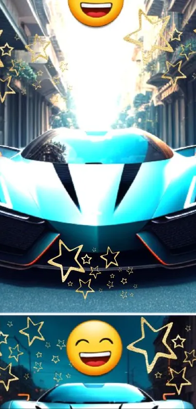 Sporty blue car with emojis and stars in an urban setting.