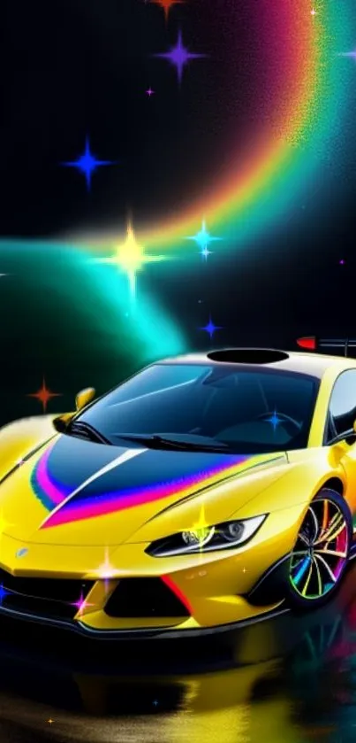 Vibrant sports car with rainbow and stars on dark background.