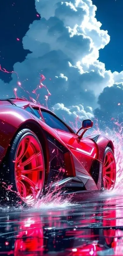 Dynamic red sports car with clouds in vibrant colors.