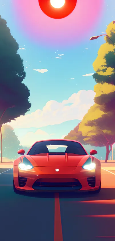 Vibrant red sports car on sunny street with trees.