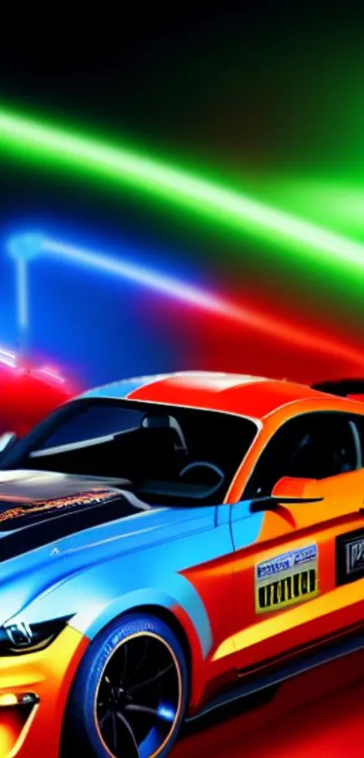 Vibrant sports car with neon lights in a colorful design.