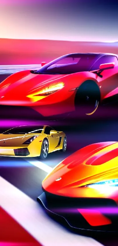 Dynamic red and yellow sports cars racing on a sunset-lit track.