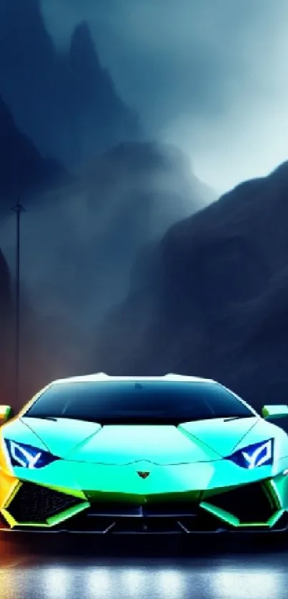 Vibrant sports car with neon lights at night on a winding mountain road.