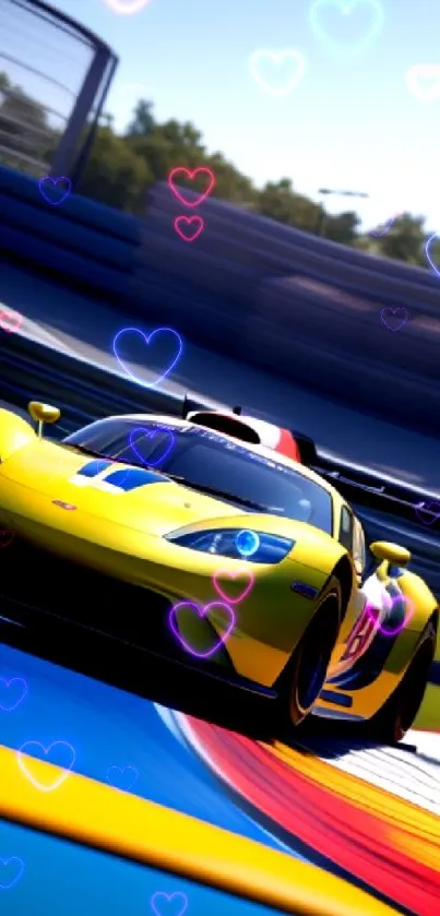 Yellow sports car racing on a vibrant track.