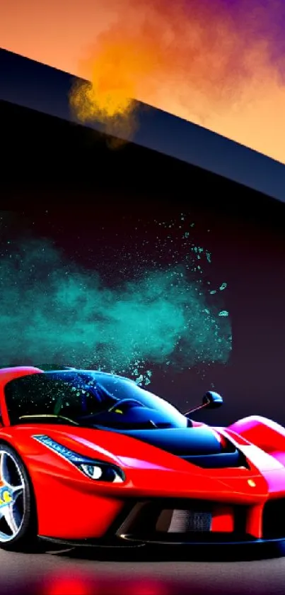 Vibrant red sports car under colorful sky in dynamic wallpaper.