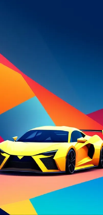 Yellow sports car on colorful geometric background wallpaper.