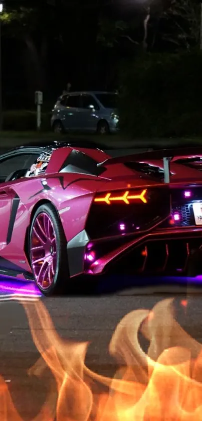 Vibrant pink sports car with neon lights at night.