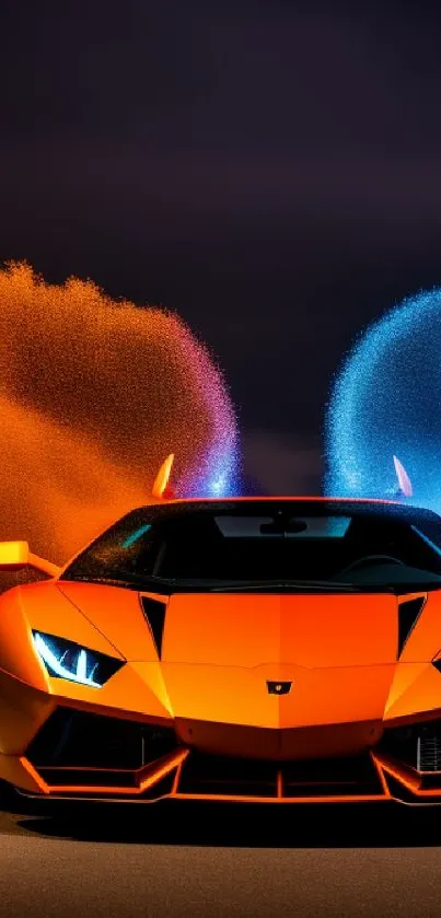 Vibrant sports car with dynamic lights and vibrant orange color on a dark road.