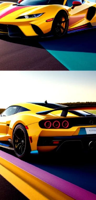 Yellow sports car on colorful racetrack, front and rear view.