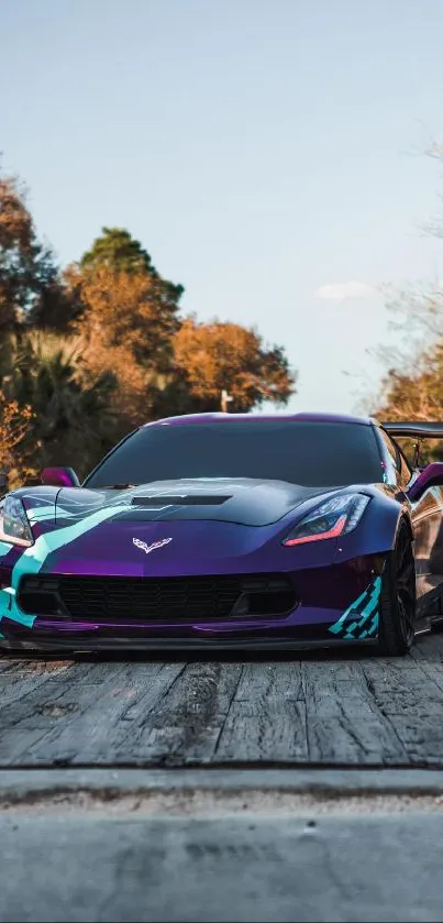 Vibrant sports car on bridge amidst nature.