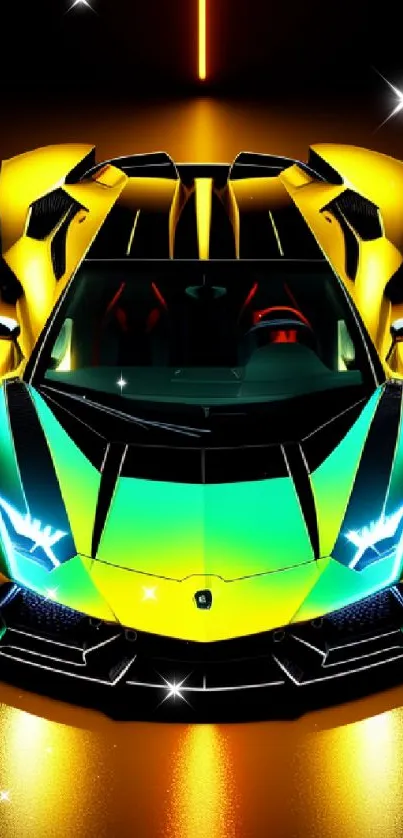 Vibrant sports car with neon lights and sleek design, showcasing striking colors.