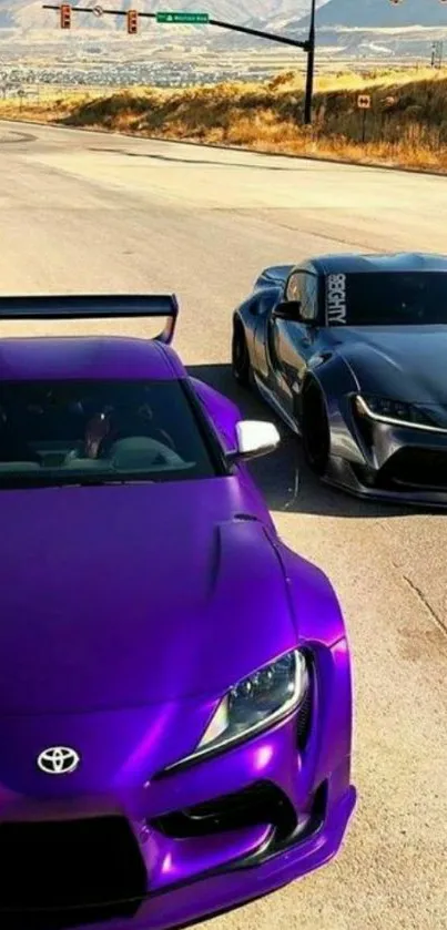 Purple sports car beside grey car on a scenic road.