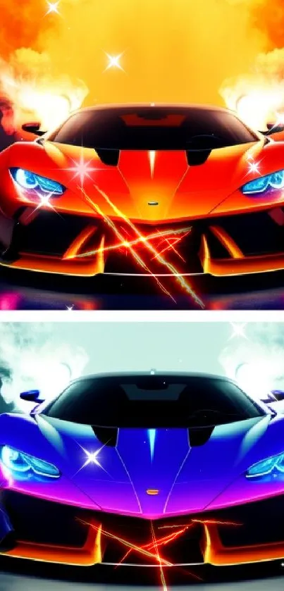 Vibrant orange and blue sports car with dramatic smoke effect.