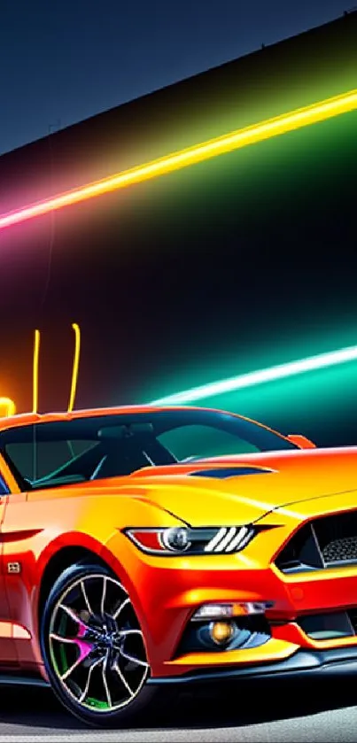 Orange sports car with neon lights in vibrant wallpaper.