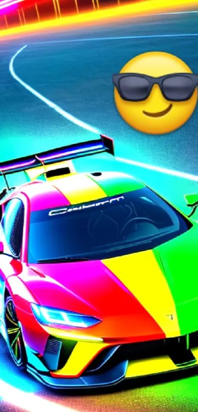 Vibrant sports car with neon rainbow and emoji on a dynamic road track.