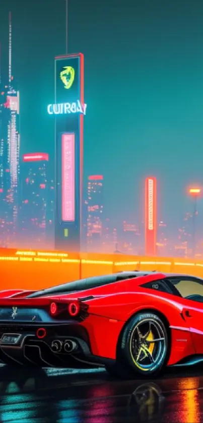 Red sports car in neon-lit cityscape at night.